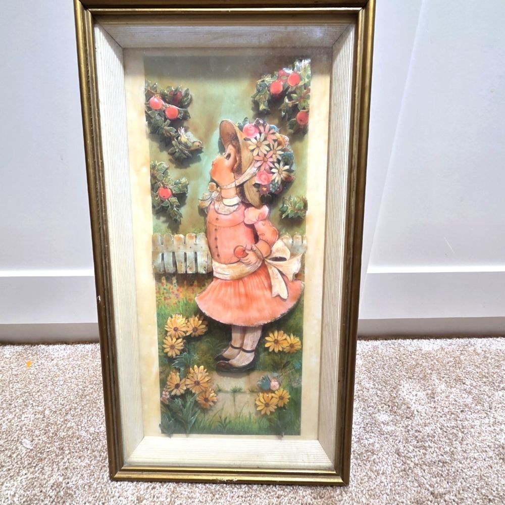 Vintage MCM 3D Layered Art Shadow Box Diorama Girl w/ Bird & Flowers Gold Frame